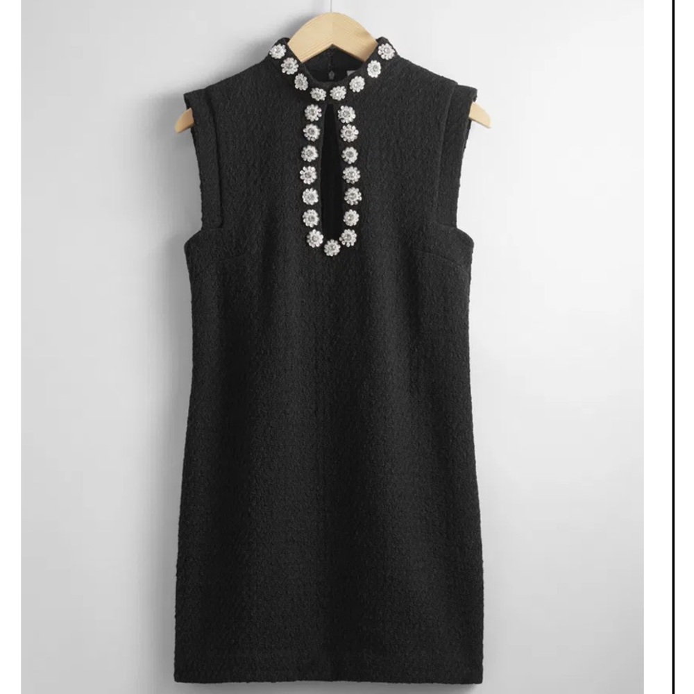 & Other Stories Black Mini Dress with Rhinestone Floral Accents
